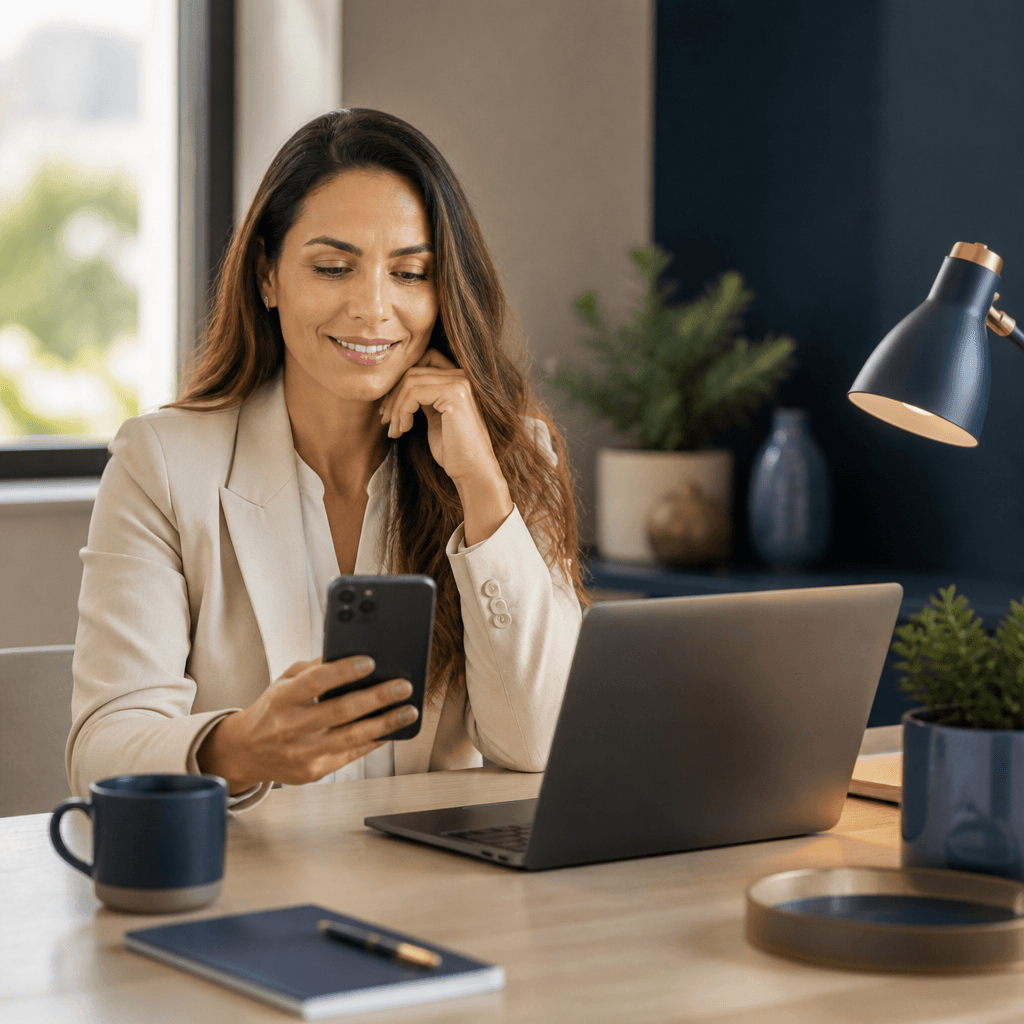 Empresário em seu escritório consultando smartphone e laptop com expressão satisfeita