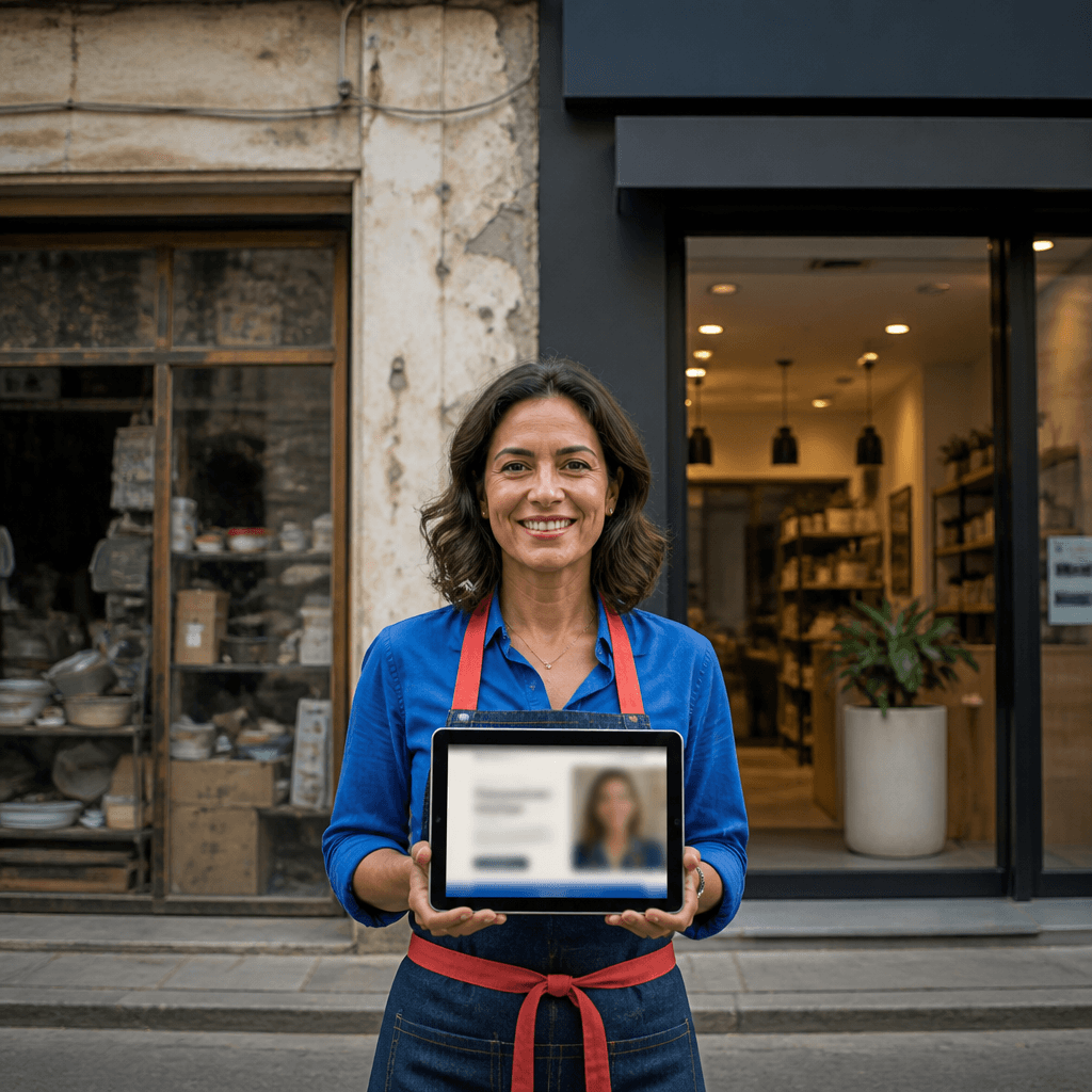 Pequeno empresário confiante em frente à loja, mostrando tablet com site borrado, com fachada antiga e moderna ao fundo.