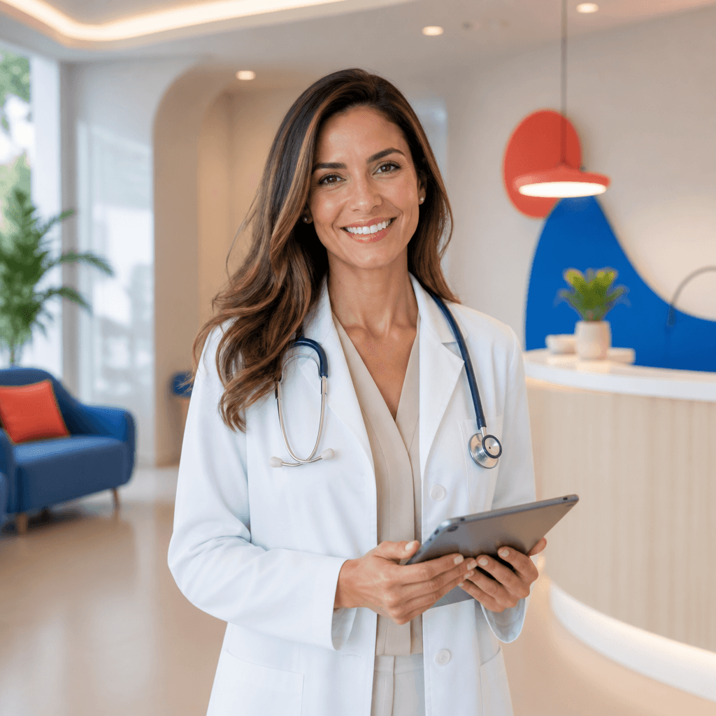 Recepcionista de clínica sorrindo, segurando tablet em ambiente moderno e iluminado