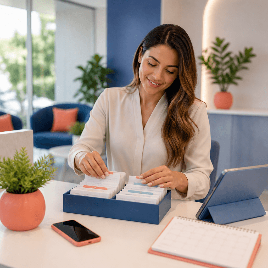 Recepcionista organizando arquivos e dispositivos digitais em clínica iluminada naturalmente.