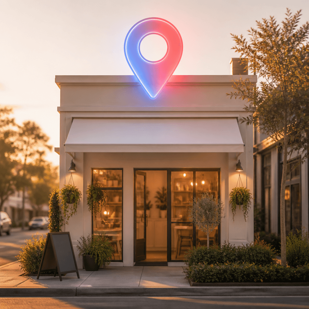 Fachada iluminada de uma pequena empresa local com um ícone de localização do Google Maps brilhando acima.
