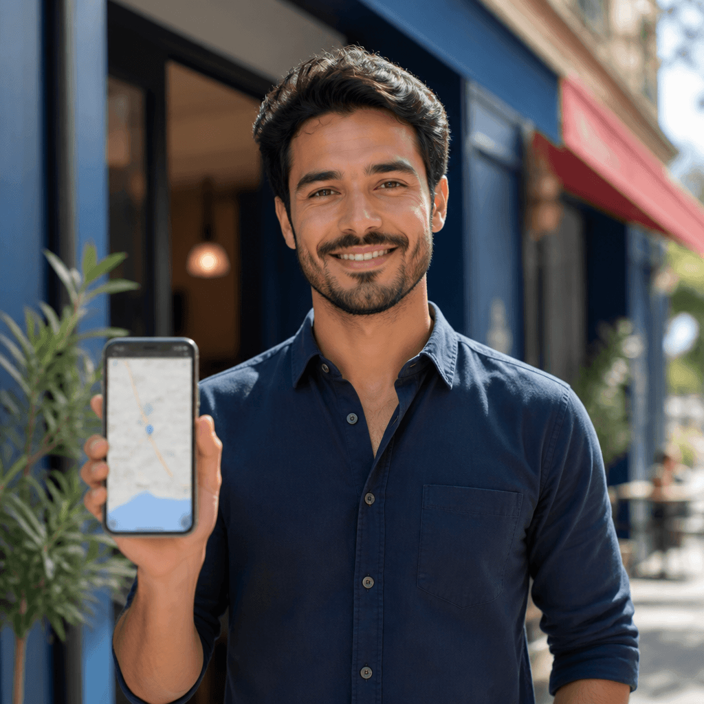 Pequeno empresário sorridente em frente à sua loja segurando um smartphone com mapa desfocado.