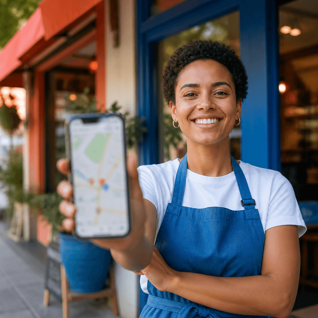 Pequeno empresário sorridente em frente à sua loja local com smartphone na mão mostrando mapa desfocado.